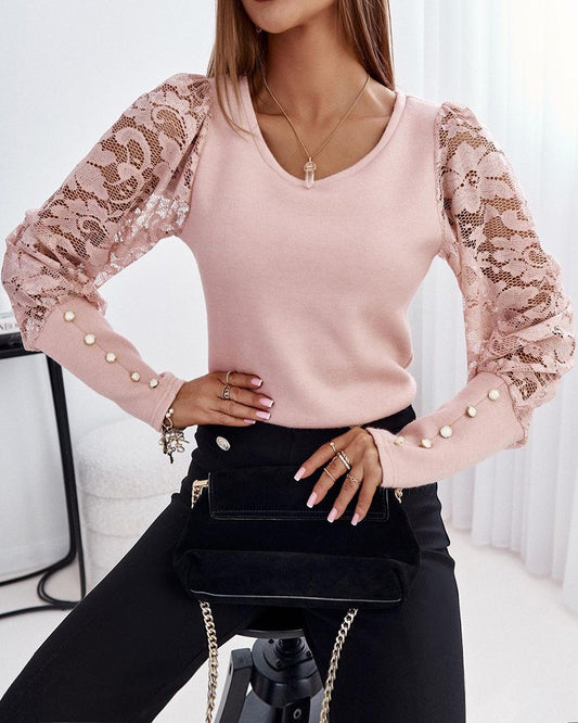 Contrast Lace Puff Sleeve V Neck Top