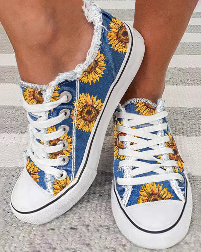 Sunflower Print Lace up Canvas Sneakers