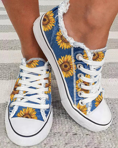 Sunflower Print Lace up Canvas Sneakers