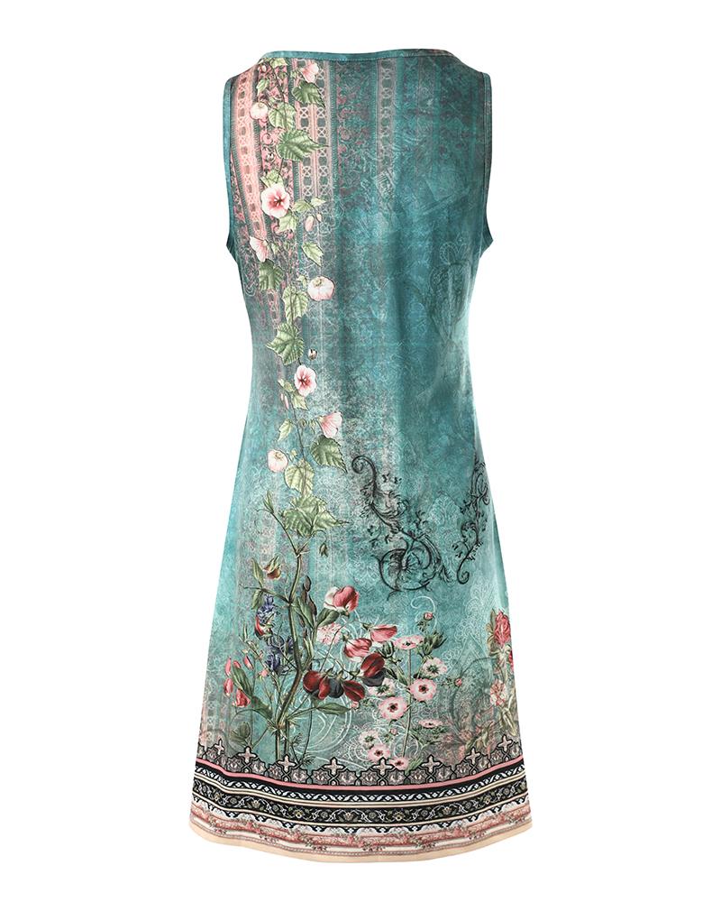 Tribal Floral Print Notch Neck Casual Dress