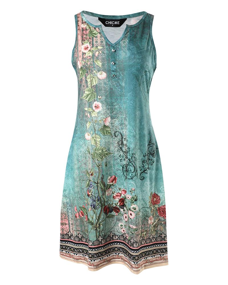 Tribal Floral Print Notch Neck Casual Dress