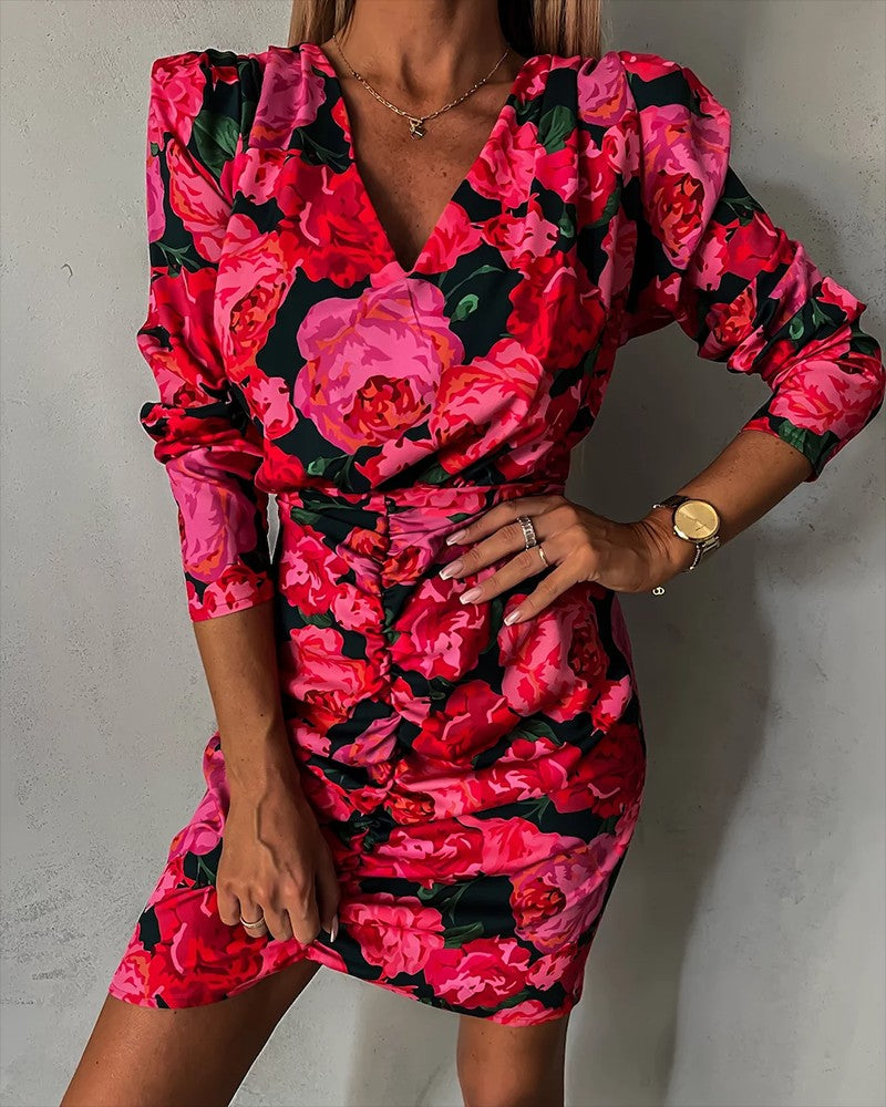 Floral Print Ruched Bodycon Dress