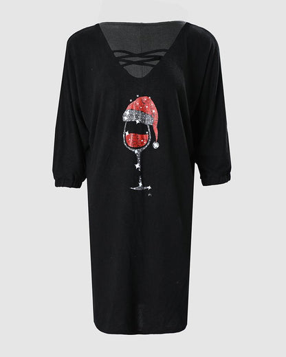 Christmas Wine Glass Print Casual Dress