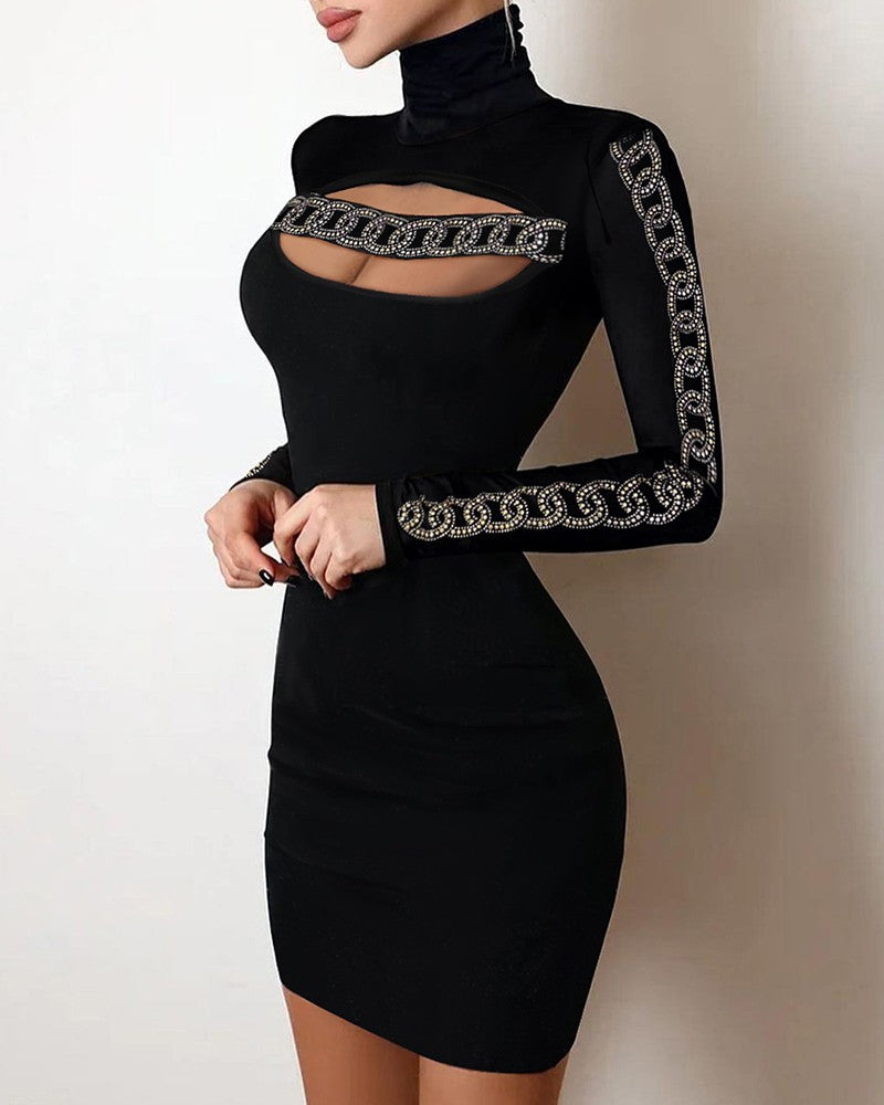 Rhinestone Chain Pattern Cutout Bodycon Dress