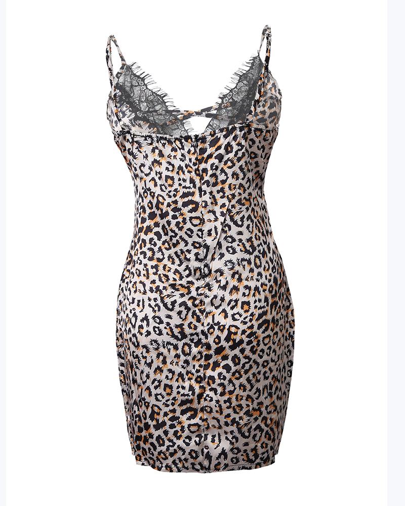 Cheetah Print Spaghetti Strap Lace Trim Nightgown