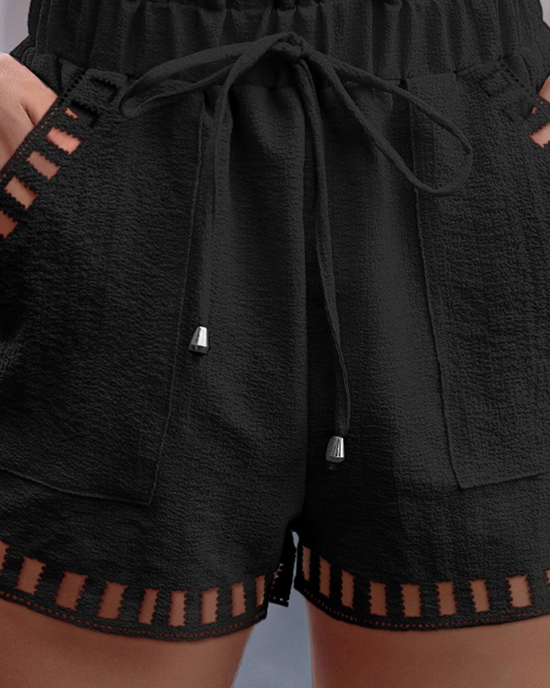 Hollow Out Drawstring Belted Shorts