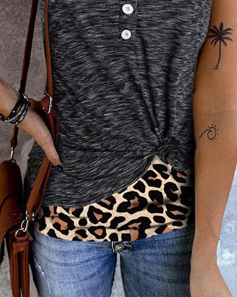 Leopard Print Button Front Fake Two Piece Tank Top