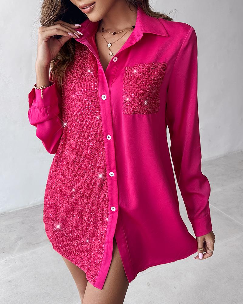 Contrast Sequin Pocket Design Shirt Dress