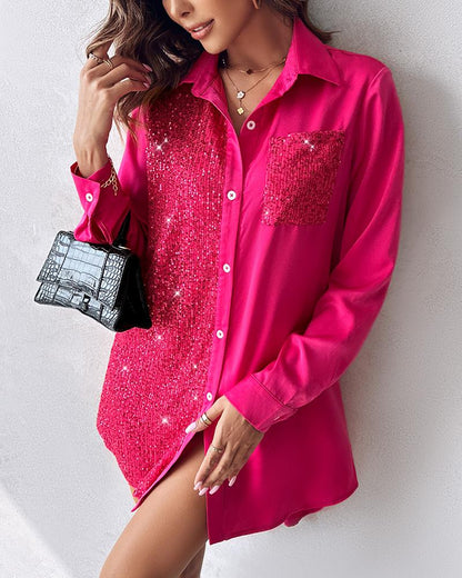 Contrast Sequin Pocket Design Shirt Dress