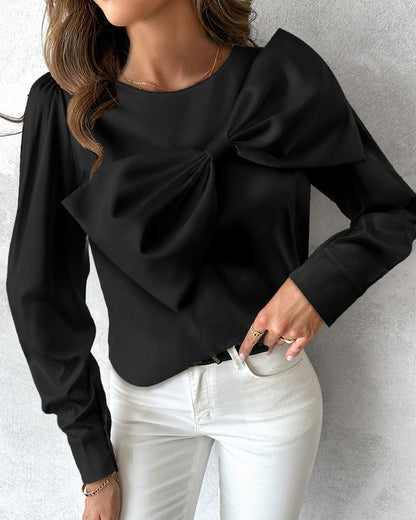 Bowknot Decor Long Sleeve Satin Top