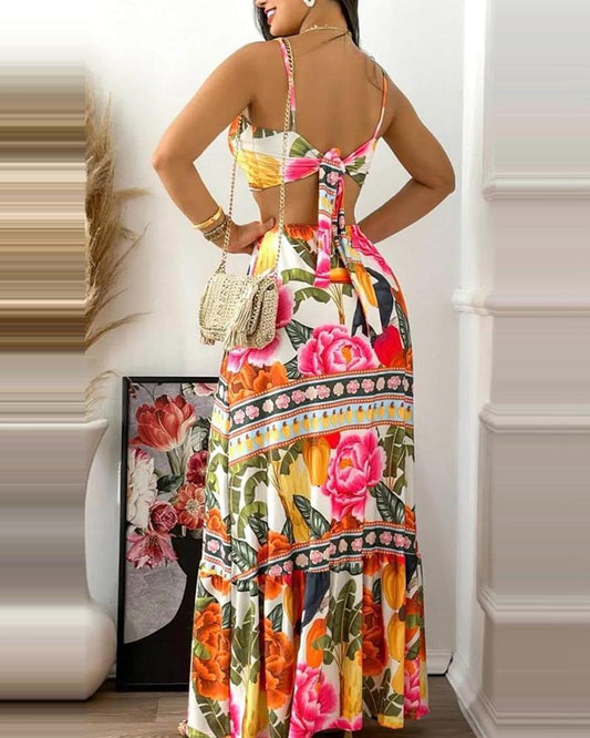 Floral Animal Tropical Print Tied Detail Maxi Dress