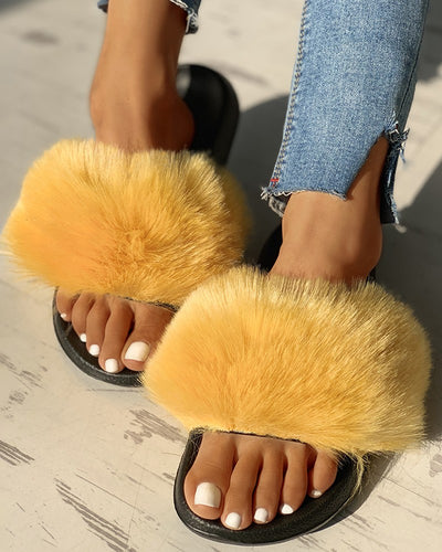 Peep Toe Fluffy Flat Slipper Sandals