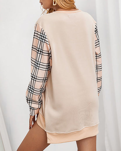 Plaid Print Colorblock Long Sleeve Sweatshirt Dress