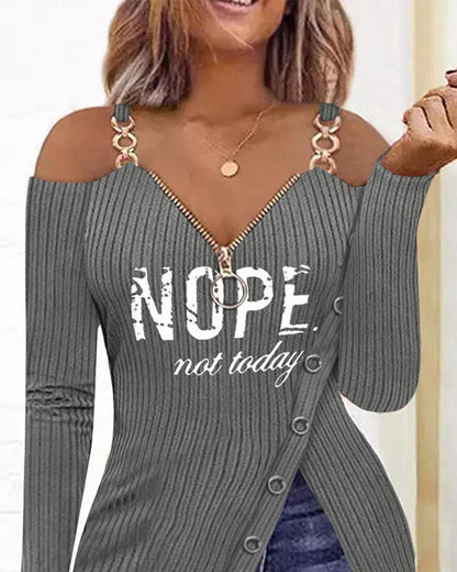 Letter Print Zip Detail Cold Shoulder Top