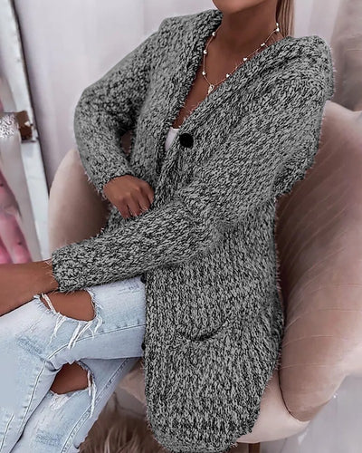 Pocket Design Fuzzy Knit Hooded Cardigan