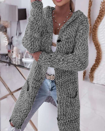 Pocket Design Fuzzy Knit Hooded Cardigan