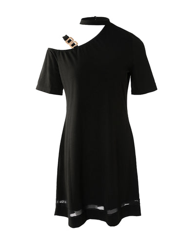 Chain Strap Cold Shoulder Contrast Mesh Casual Dress
