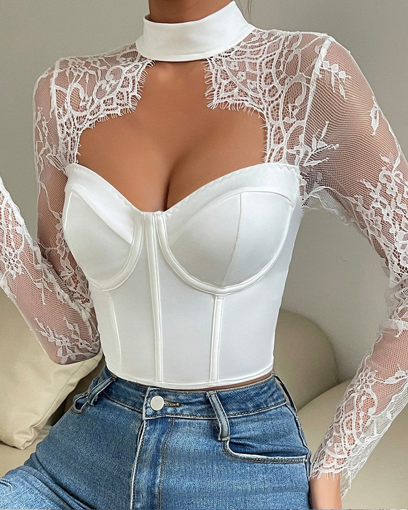 Eyelash Lace Patch Fishbone Corset Top