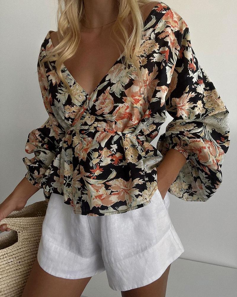 Lantern Sleeve Floral Print V Neck Top