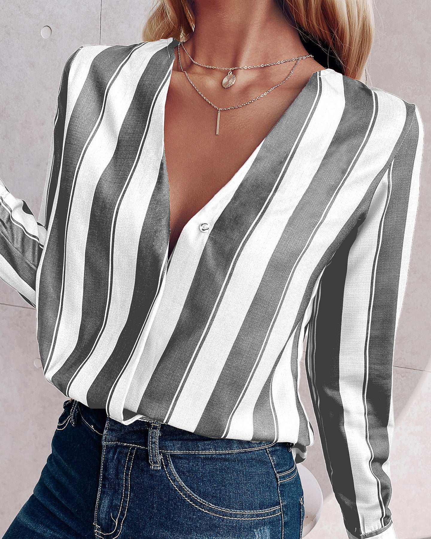 Stripes Deep V Long Sleeve Casual Blouse