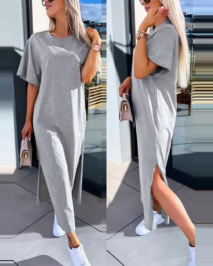 Slit Short Sleeve Round Neck Casual Dress