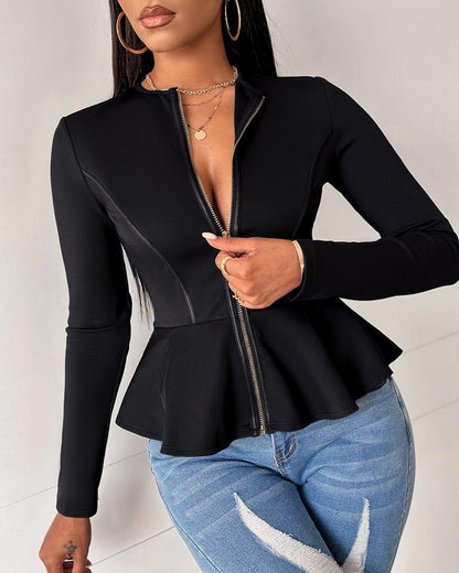 Zip Front PU Leather Ruffles Top