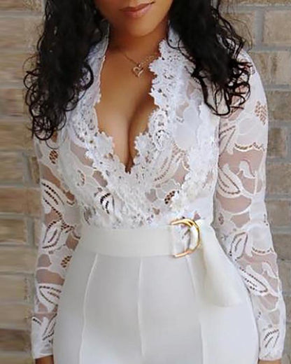 Crochet Lace Plunge Buckled Long Sleeve Jumpsuit