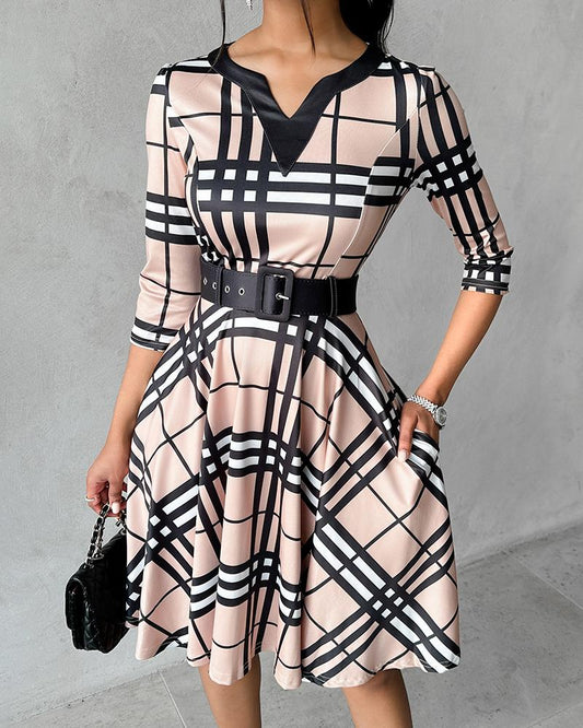 Plaid Print Notch Neck Casual Dress With Belt