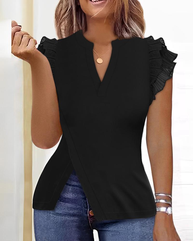 Flutter Sleeve Split Hem Notch Neck Top