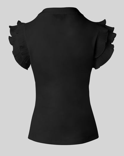 Flutter Sleeve Split Hem Notch Neck Top