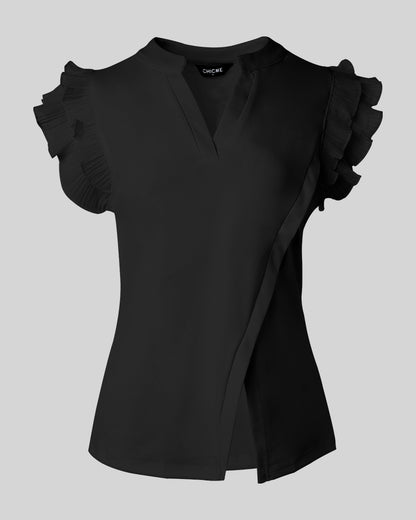 Flutter Sleeve Split Hem Notch Neck Top