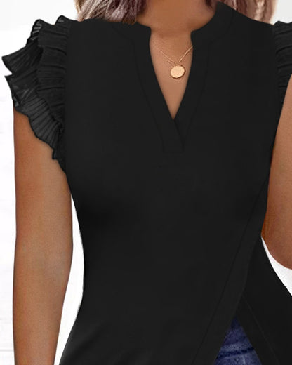 Flutter Sleeve Split Hem Notch Neck Top