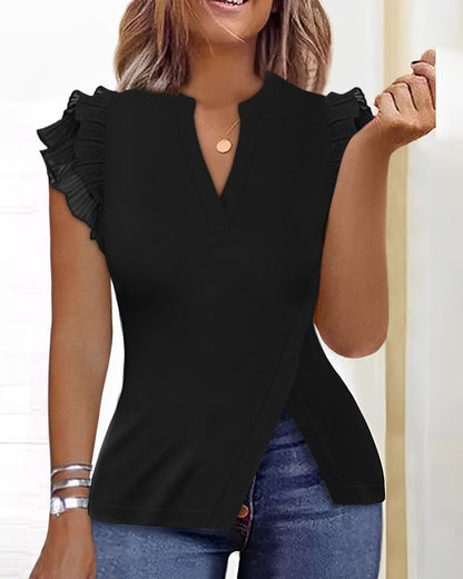 Flutter Sleeve Split Hem Notch Neck Top