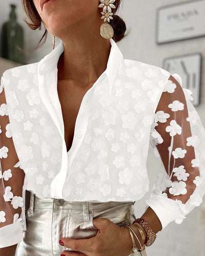 Floral Pattern Long Sleeve Mesh Patch Top