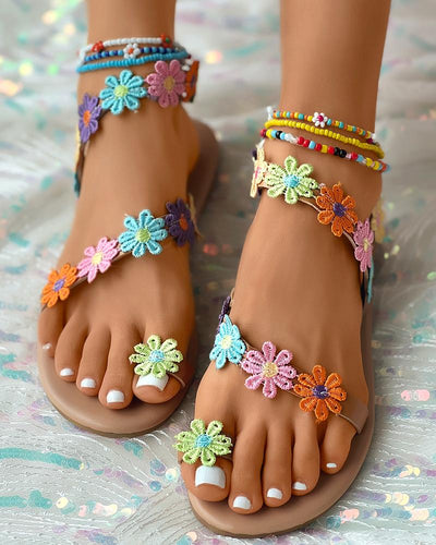 Floral Pattern Toe Ring Sandals