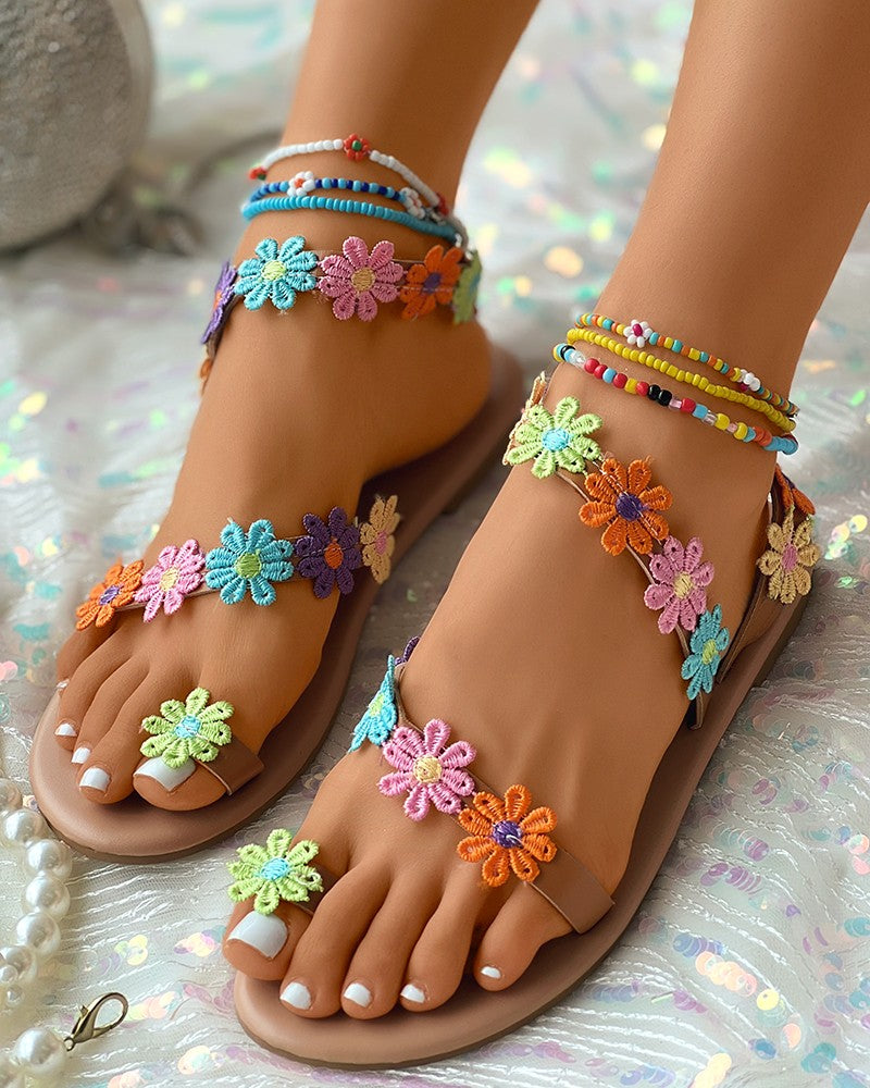 Floral Pattern Toe Ring Sandals
