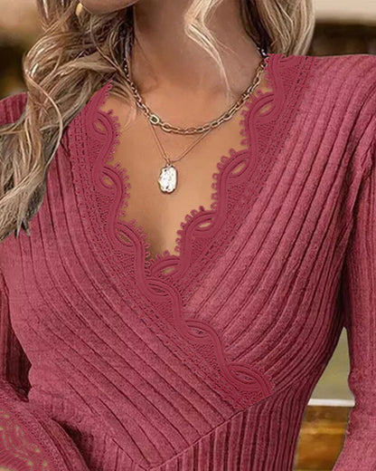 V Neck Lace Patch Long Sleeve Top