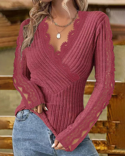 V Neck Lace Patch Long Sleeve Top