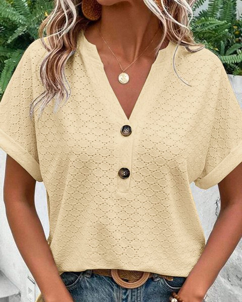 Hollow Out Buttoned V Neck Top