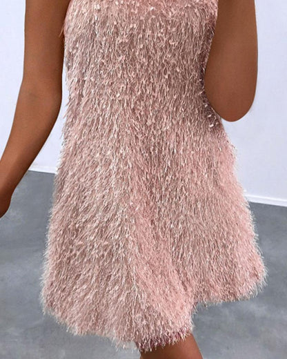 Fluffy Sleeveless O neck Casual Dress