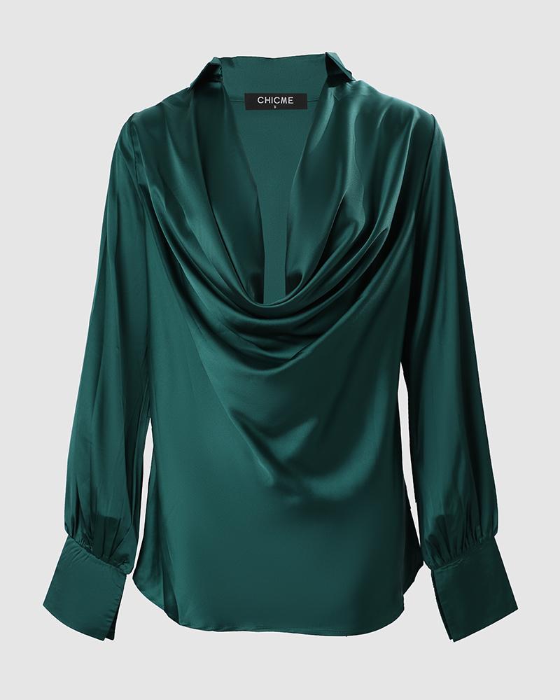 Plunge Long Sleeve Ruched Satin Shirt