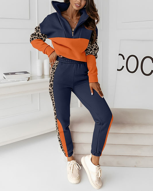 Colorblock Leopard Print Zipper Design Sweatshirt & Sweatpants Set