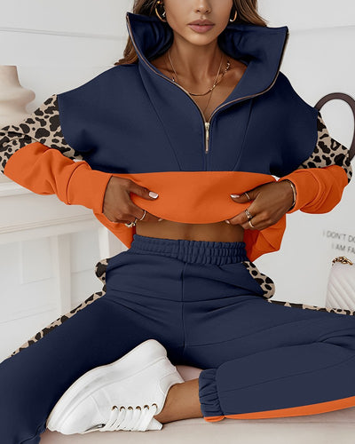 Colorblock Leopard Print Zipper Design Sweatshirt & Sweatpants Set