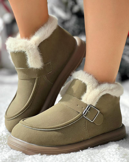 Buckled Fuzzy Lined Warm Ankle Boots