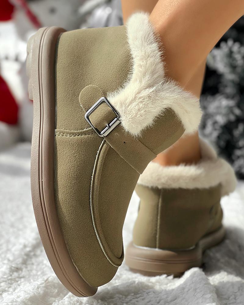 Buckled Fuzzy Lined Warm Ankle Boots