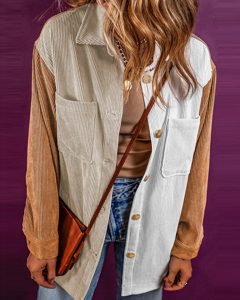 Colorblock Buttoned Loose Corduroy Shacket