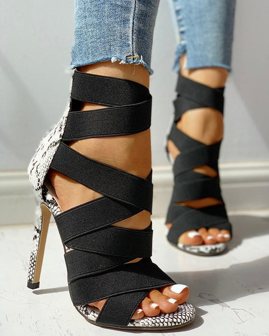 Lace Up Bandage Patchwork Snakeskin Thin Heeled Sandals