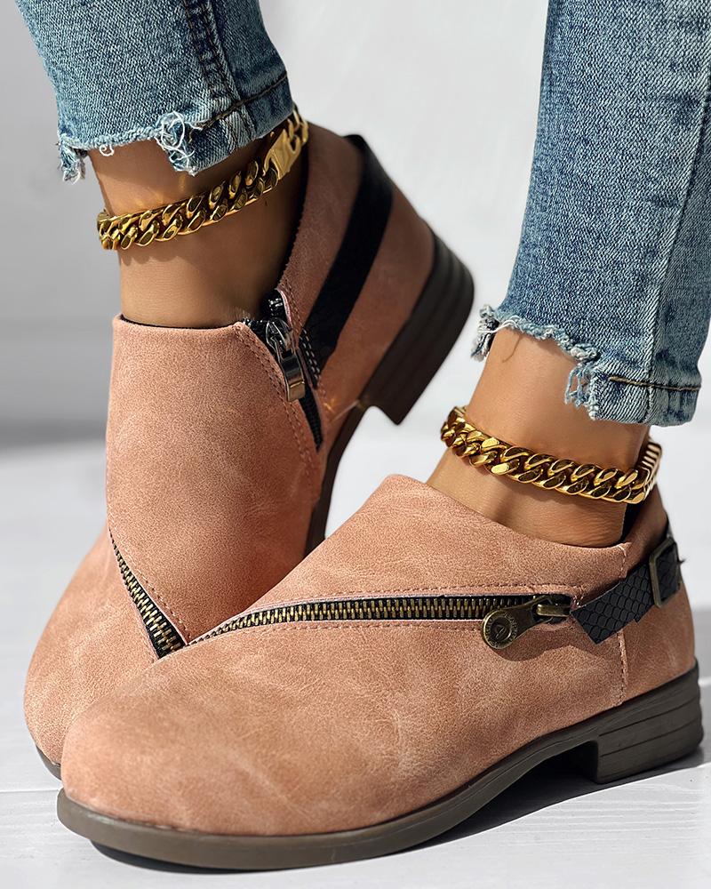 Zipper Design Chunky Heel Ankle Boots