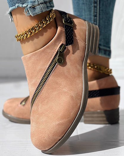 Zipper Design Chunky Heel Ankle Boots