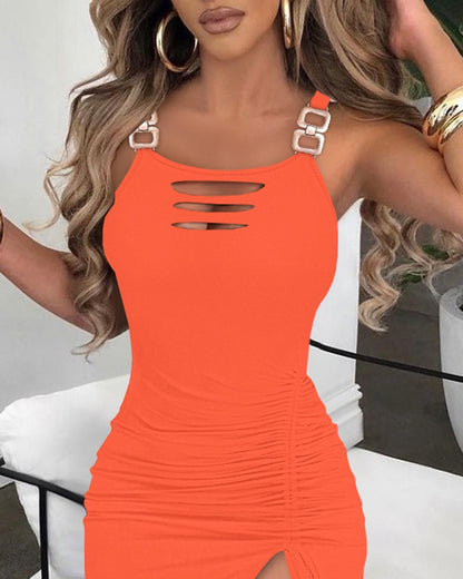 Ladder Cutout Slit Buckled Bodycon Dress